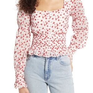 Code X Mode Floral Embroidered Smocked Women's Blouse - Red/ White Sz: M